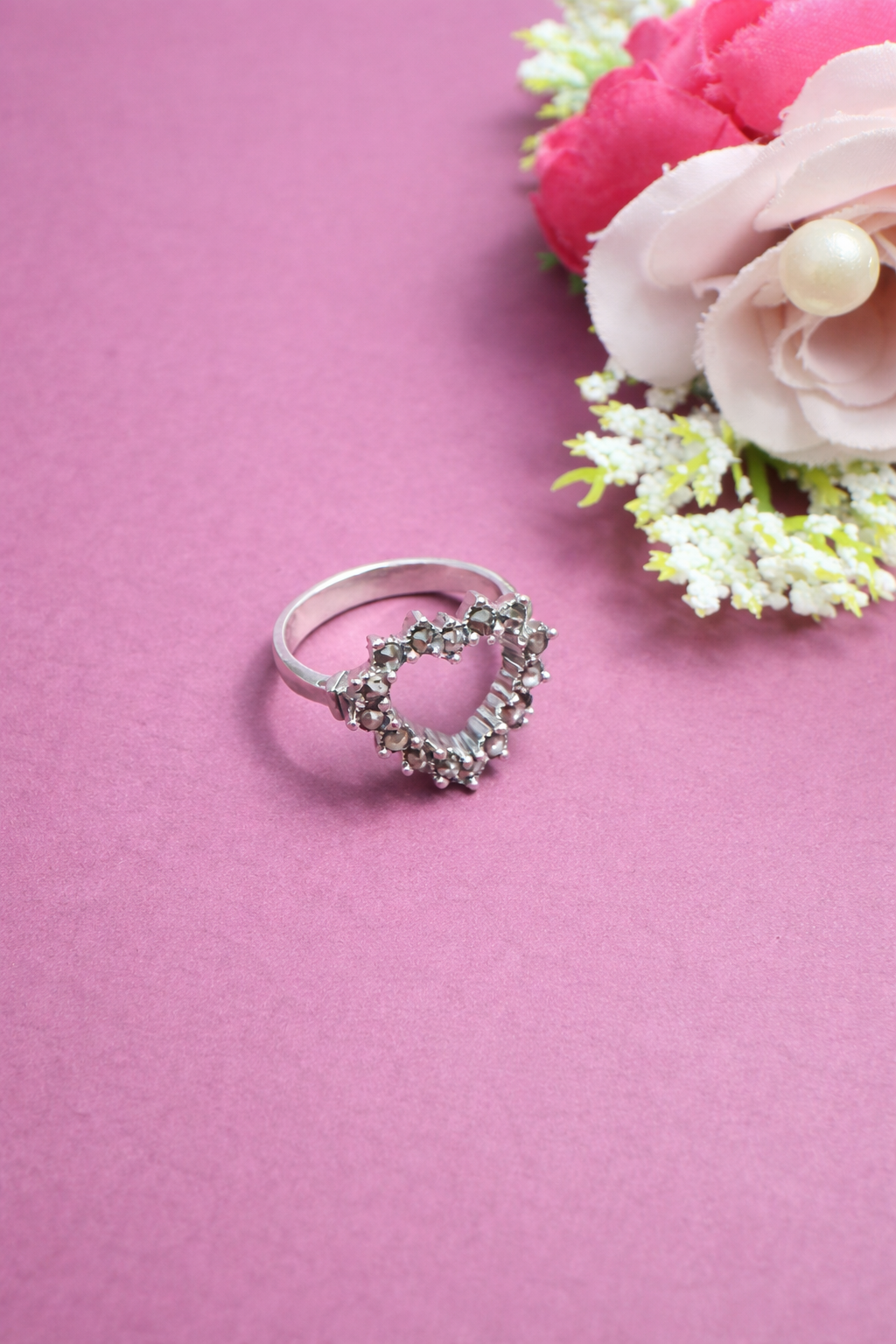 heart shaped marcasite silver ring