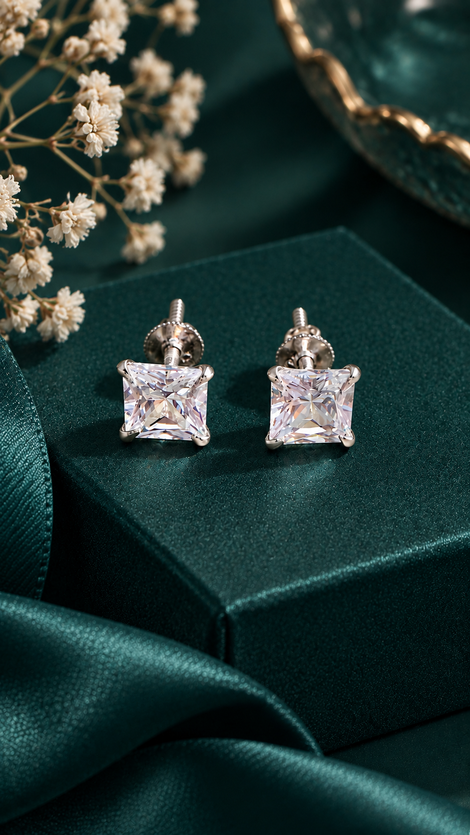 minimalist square CZ silver earrings
