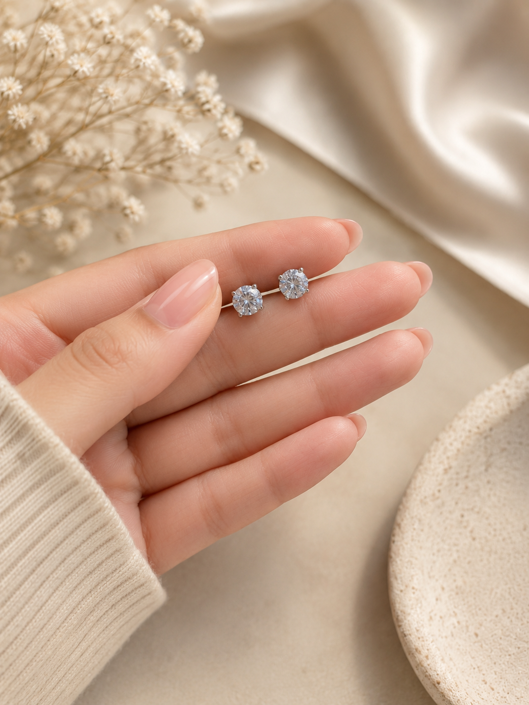 Hand holding a pair of silver stud earrings with a soft beige background