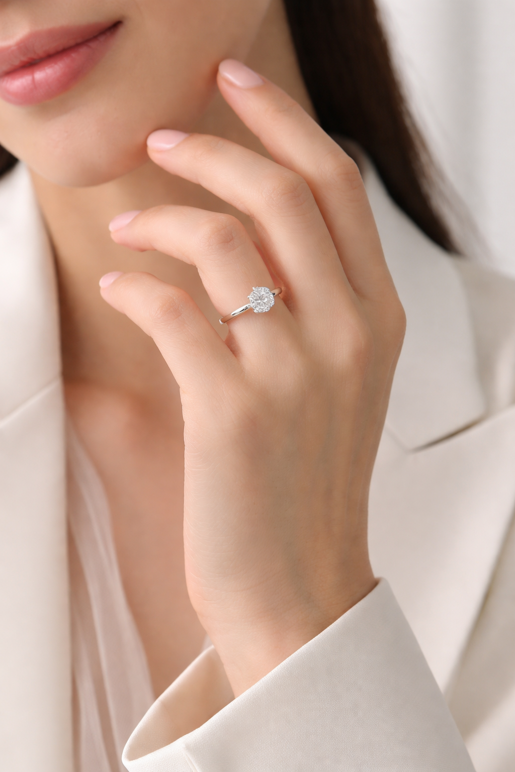 92.5 sterling silver solitaire ring with round cut diamond on white background