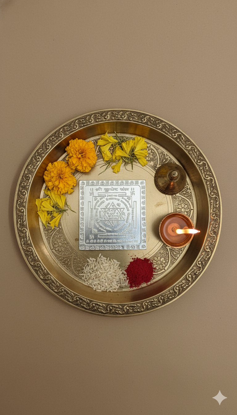 Handcrafted silver Kuber Yantra – spiritual puja item for attracting money and luck.