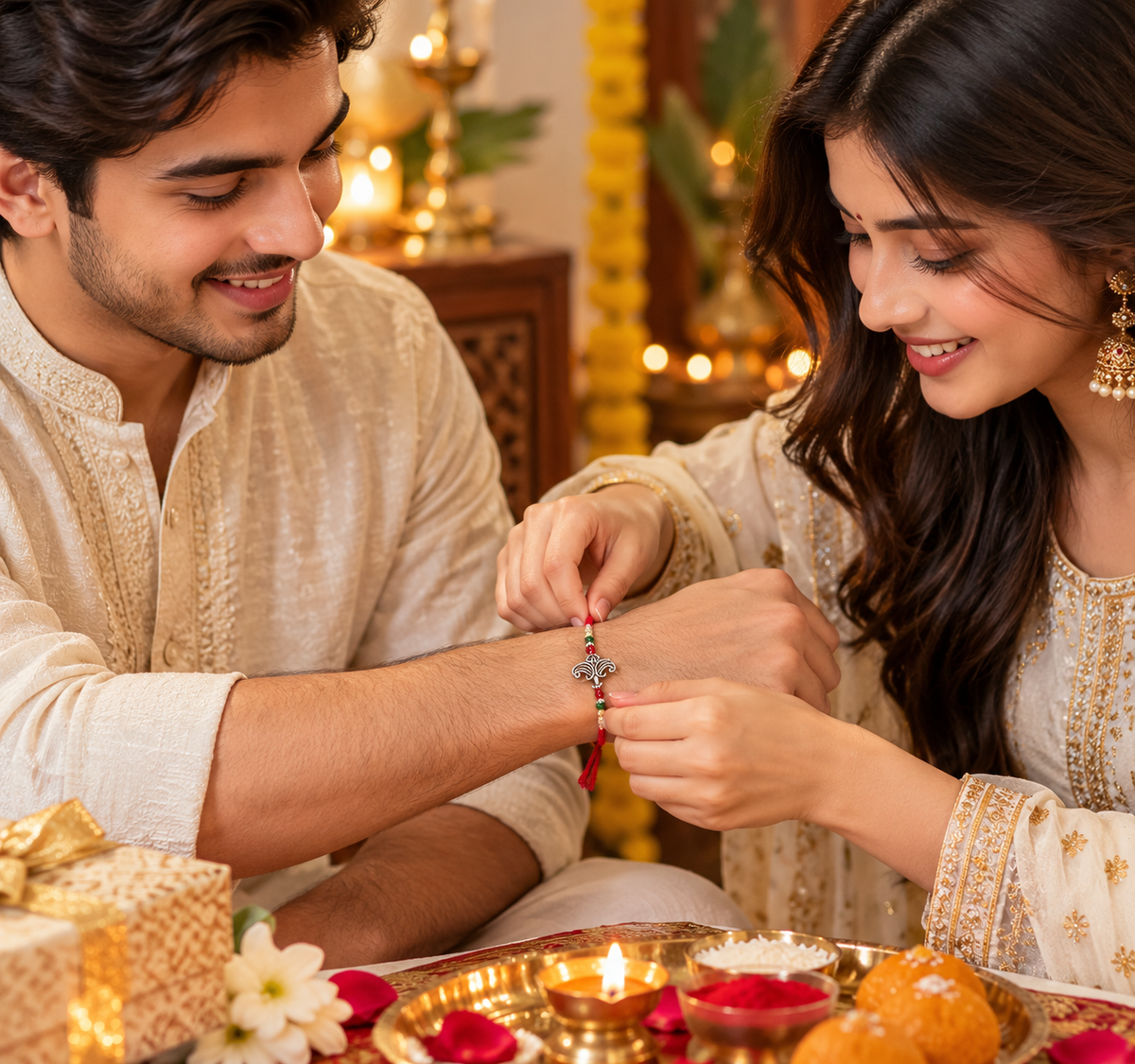 silver anchor Raksha Bandhan rakhi with cotton thread