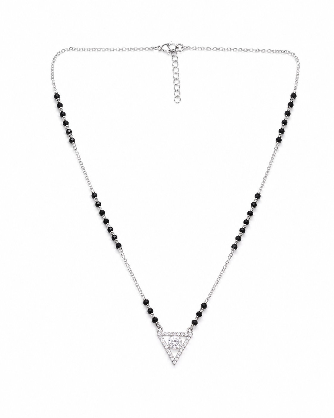 Necklace with black beaded chain and silver triangle pendant on a white background