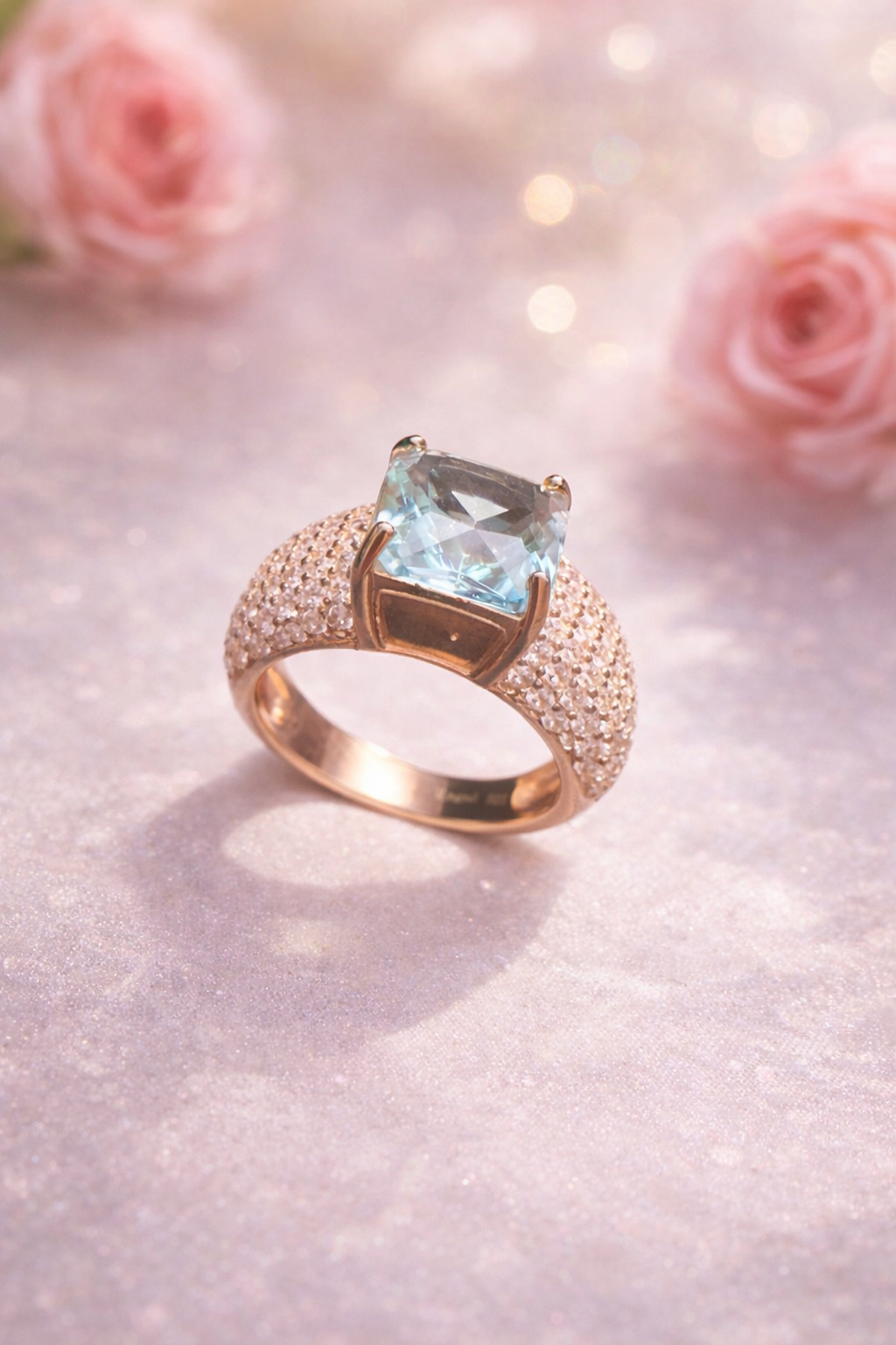Rose gold ring with a blue gemstone next to a red rose on a light green background