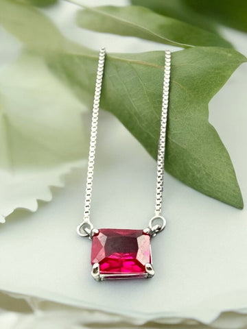 Beautiful chain pendant red stone in square shape with plan chain in HM Silver