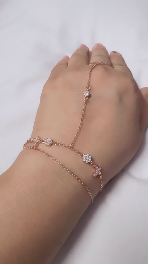 Rose Gold Floral Finger Chain and bracelet in 925 Silver Bracelets Style 2