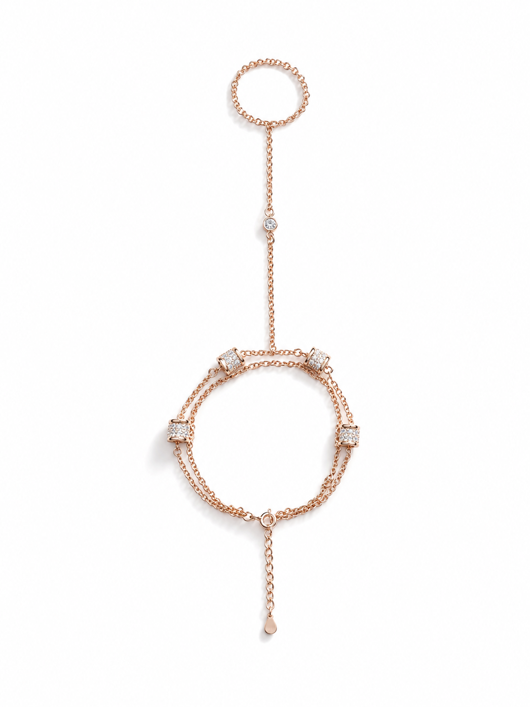 Rose gold bracelet with diamond accents on a white background