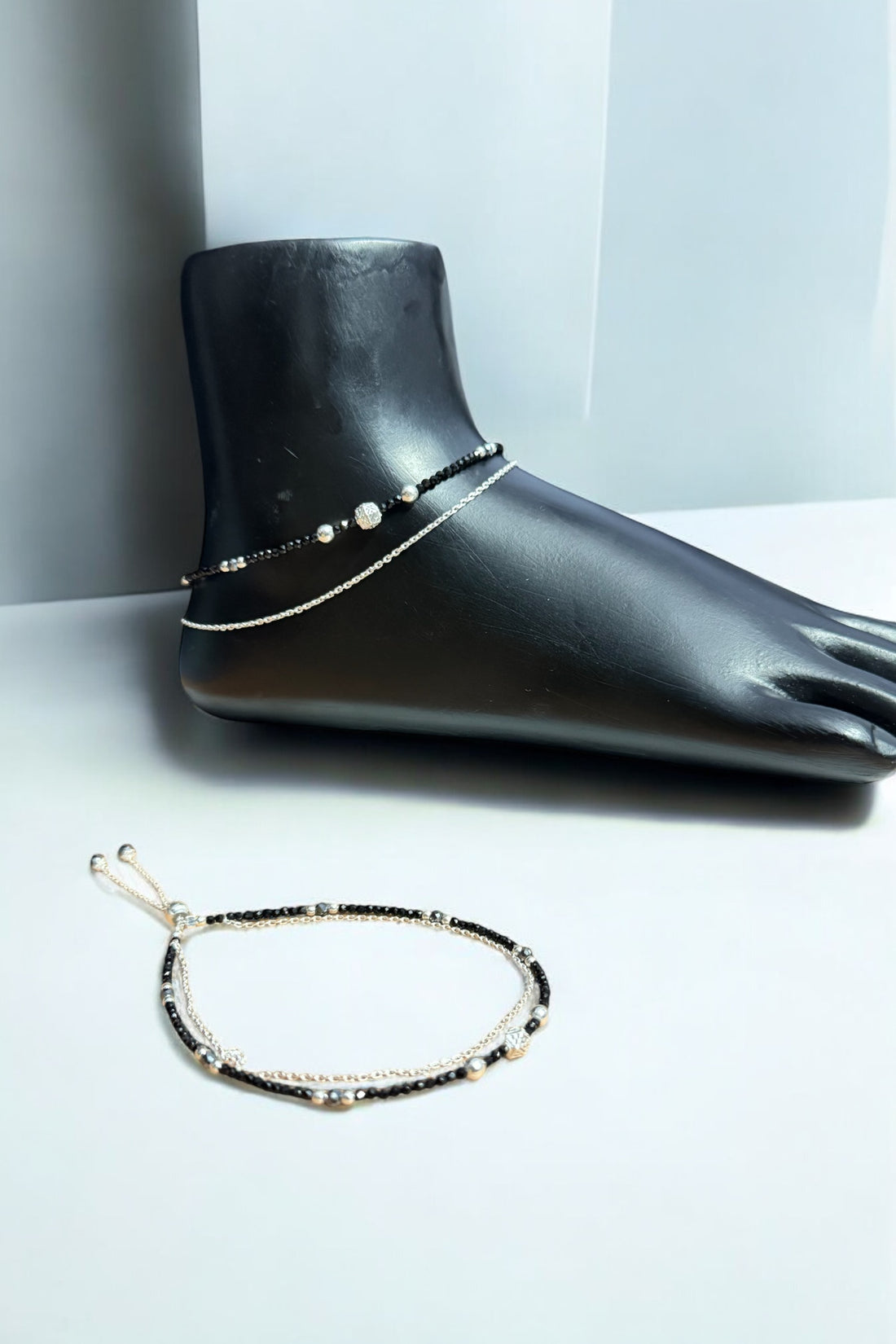 black beads twin chain silver anklet