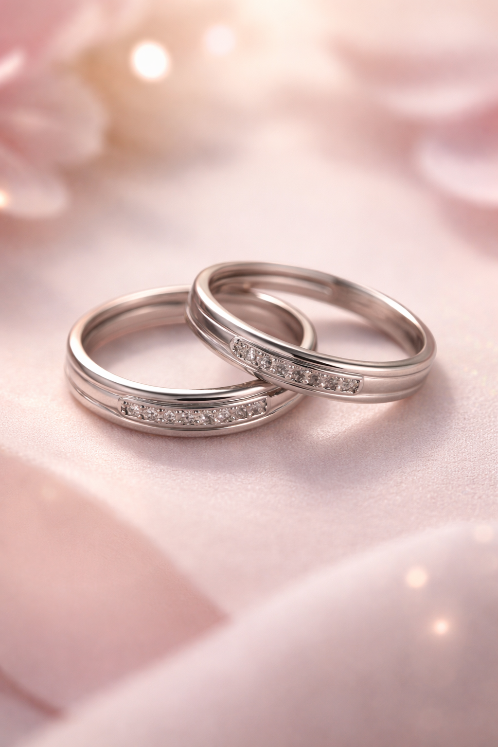 Minimal silver promise rings with soft romantic lighting